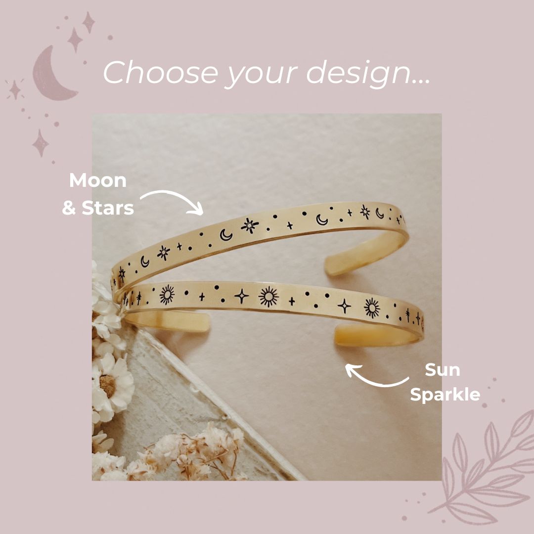 Celestial Sparkle Brass Cuff Bracelet - Sun Sparkle or Moon & Stars