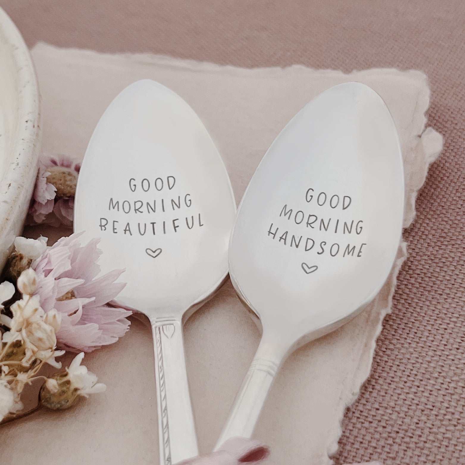 Good Morning Handsome, Good Morning Beautiful Stamped Vintage Tea Spoons