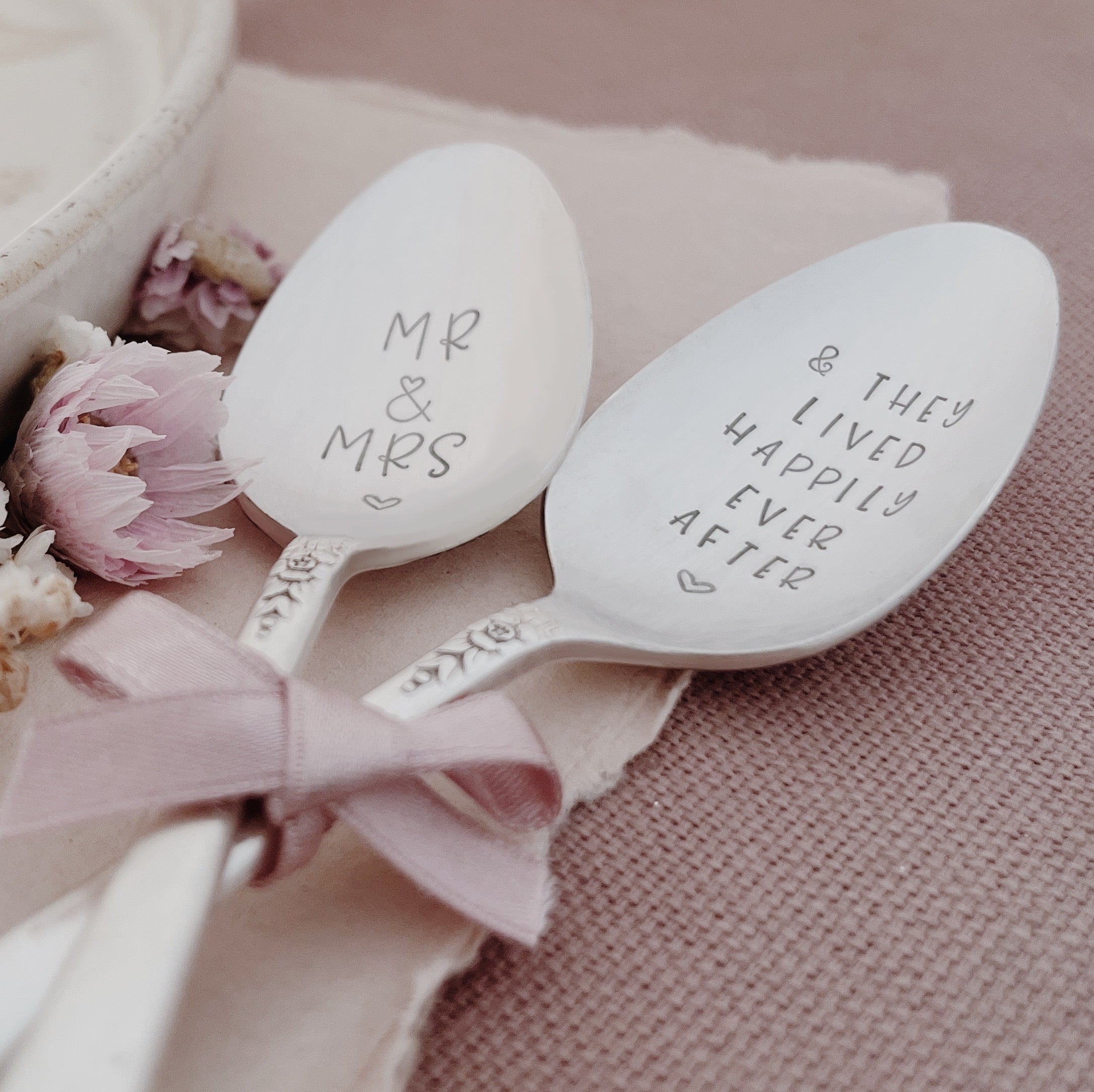 Mr & Mrs, & They Lived Happily Ever After Stamped Vintage Tea Spoon Set