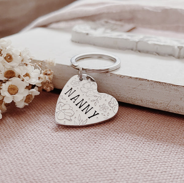 Floral Heart Word Personalised Aluminium Keyring
