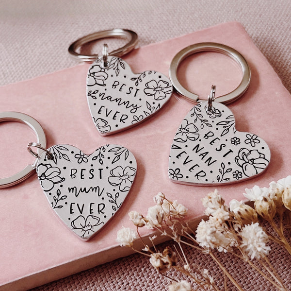 Best 'Mum' Ever Personalised with Family Names Aluminium Heart Keyring