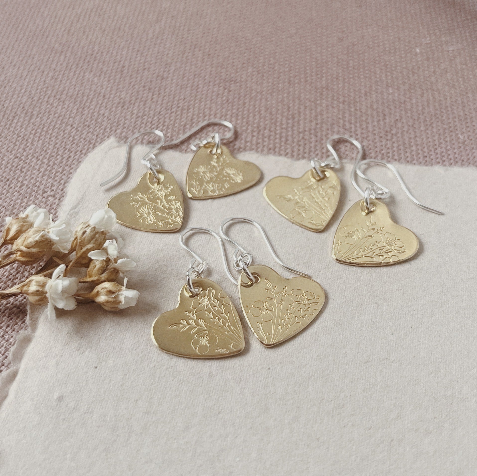 Brass Heart Wildflower Stamped Earrings