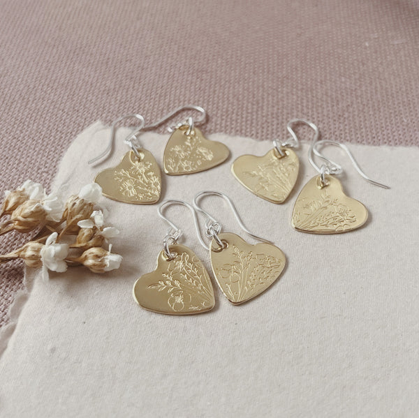 Brass Heart Wildflower Stamped Earrings