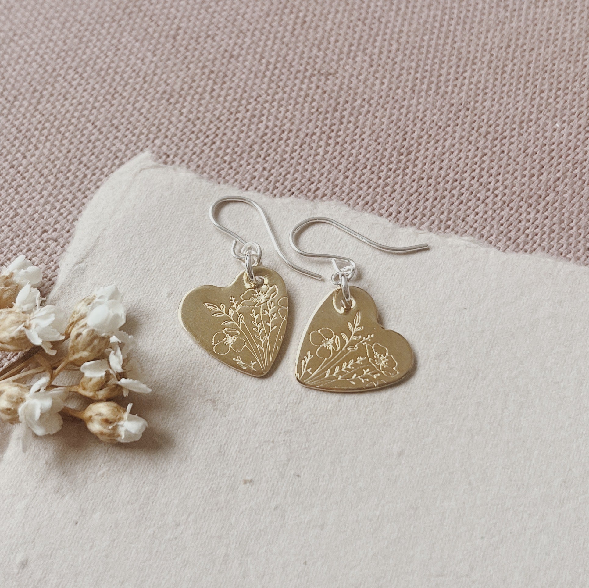 Brass Heart Wildflower Stamped Earrings