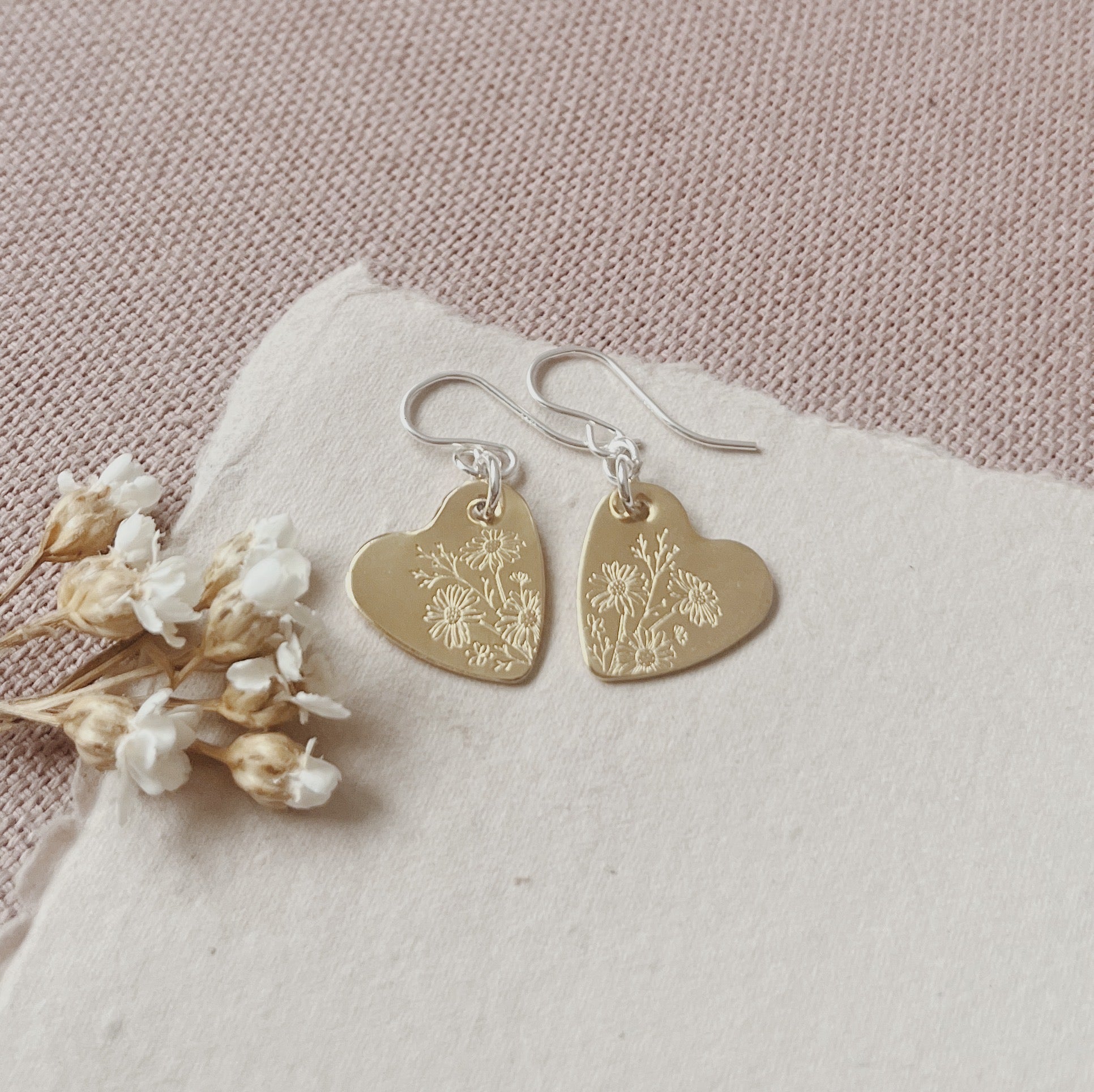 Brass Heart Wildflower Stamped Earrings