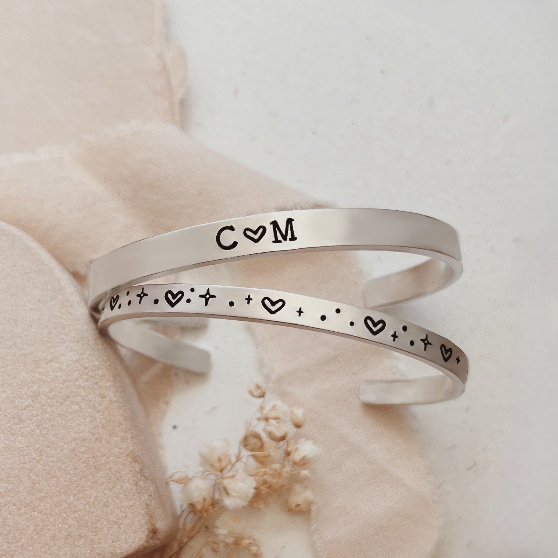 Couples Initials and Sparkle Heart Stamped Aluminium Cuff Set