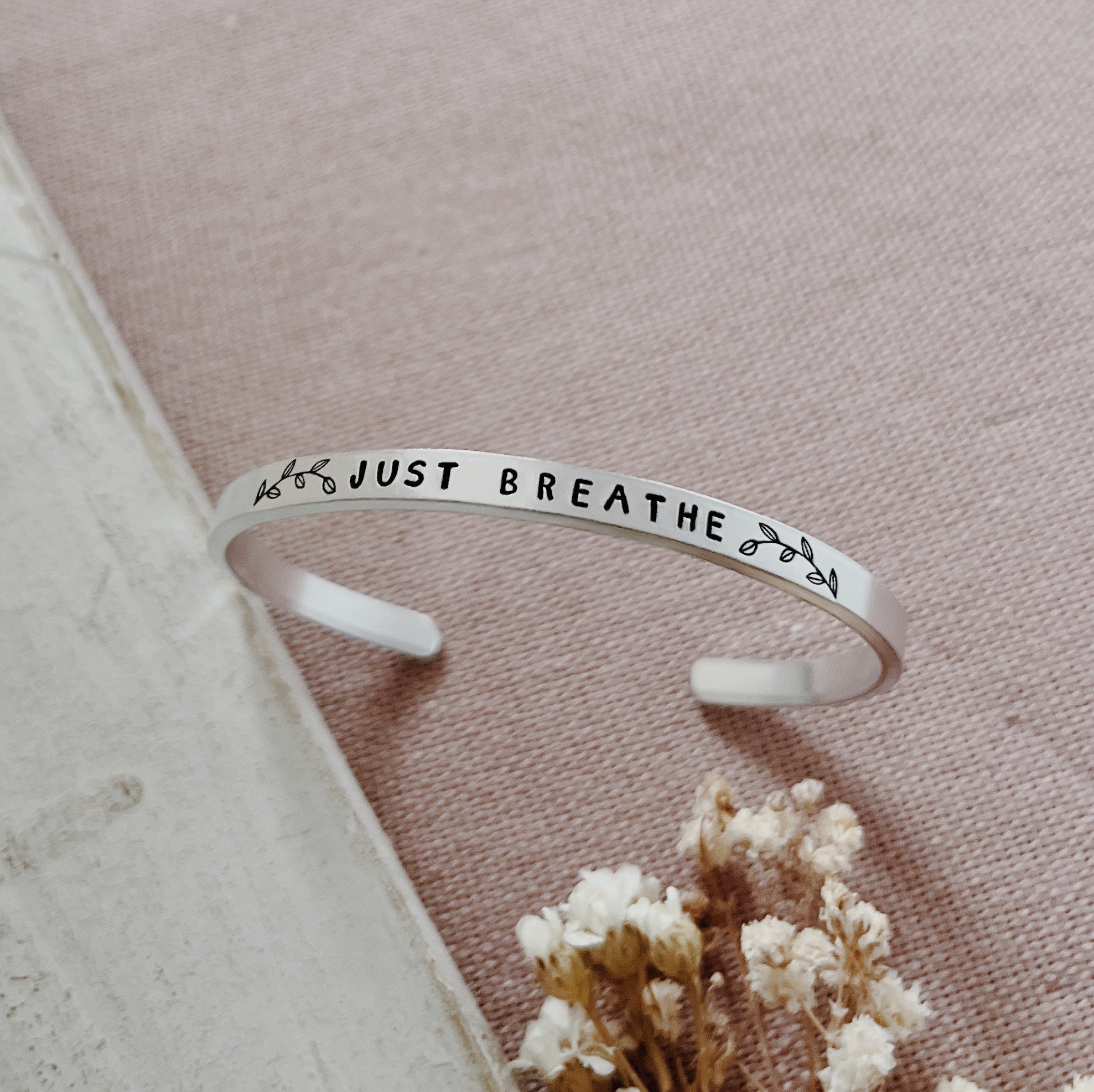 Just Breathe Stamped Aluminium Skinny Cuff