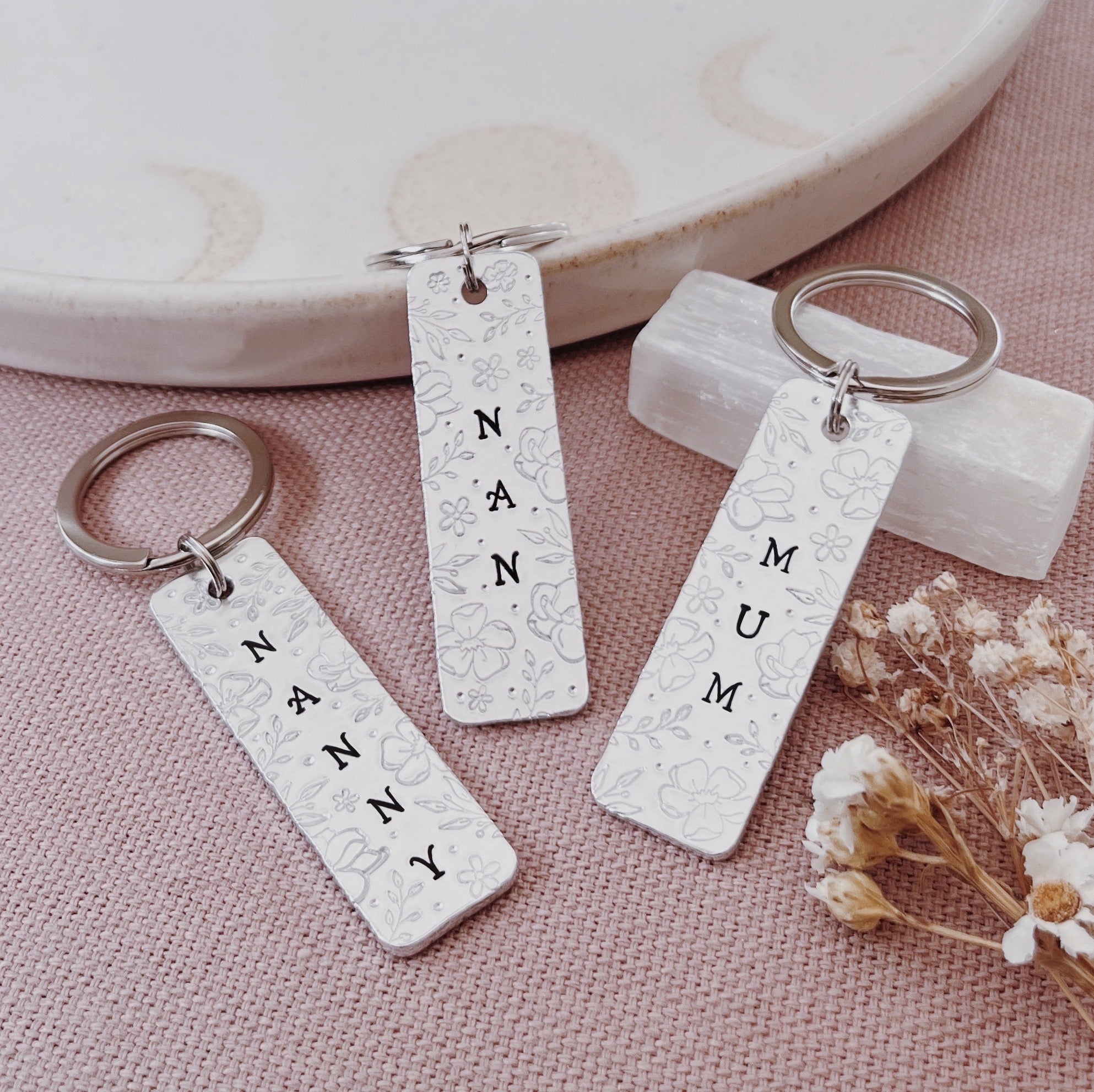 Floral Word Personalised Aluminium Keyring