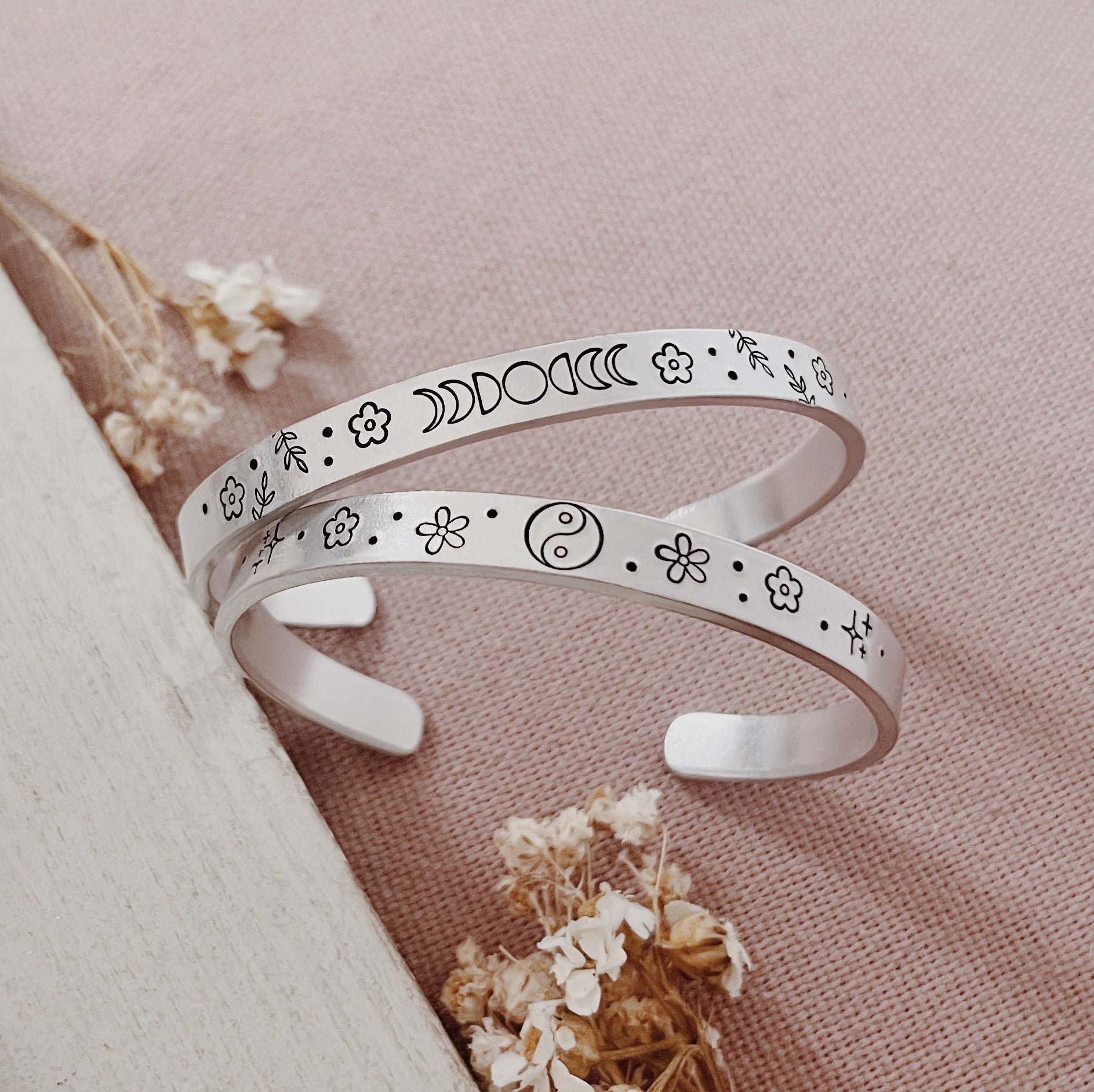 Retro Moonphase and Floral Yin-Yang Stamped Aluminium Wide Cuff