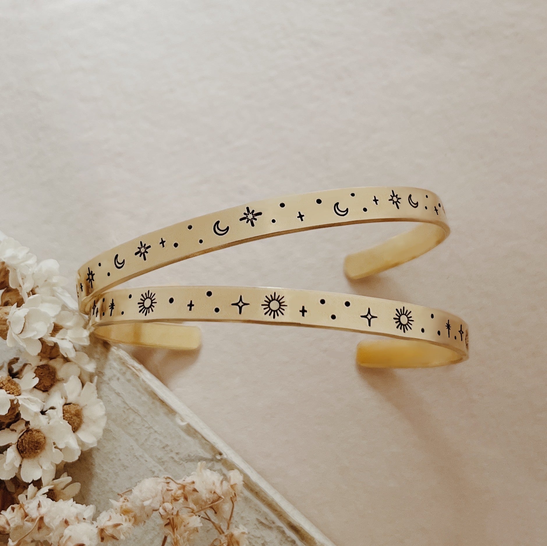 Celestial Sparkle Brass Cuff Bracelet - Sun Sparkle or Moon & Stars