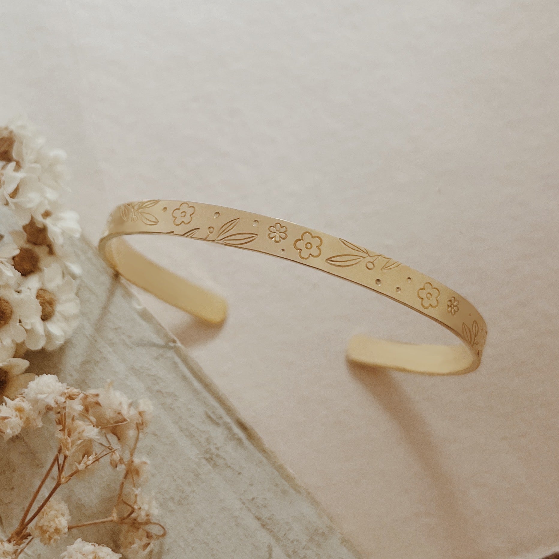 Elegant Floral Adjustable Brass Cuff Bracelet