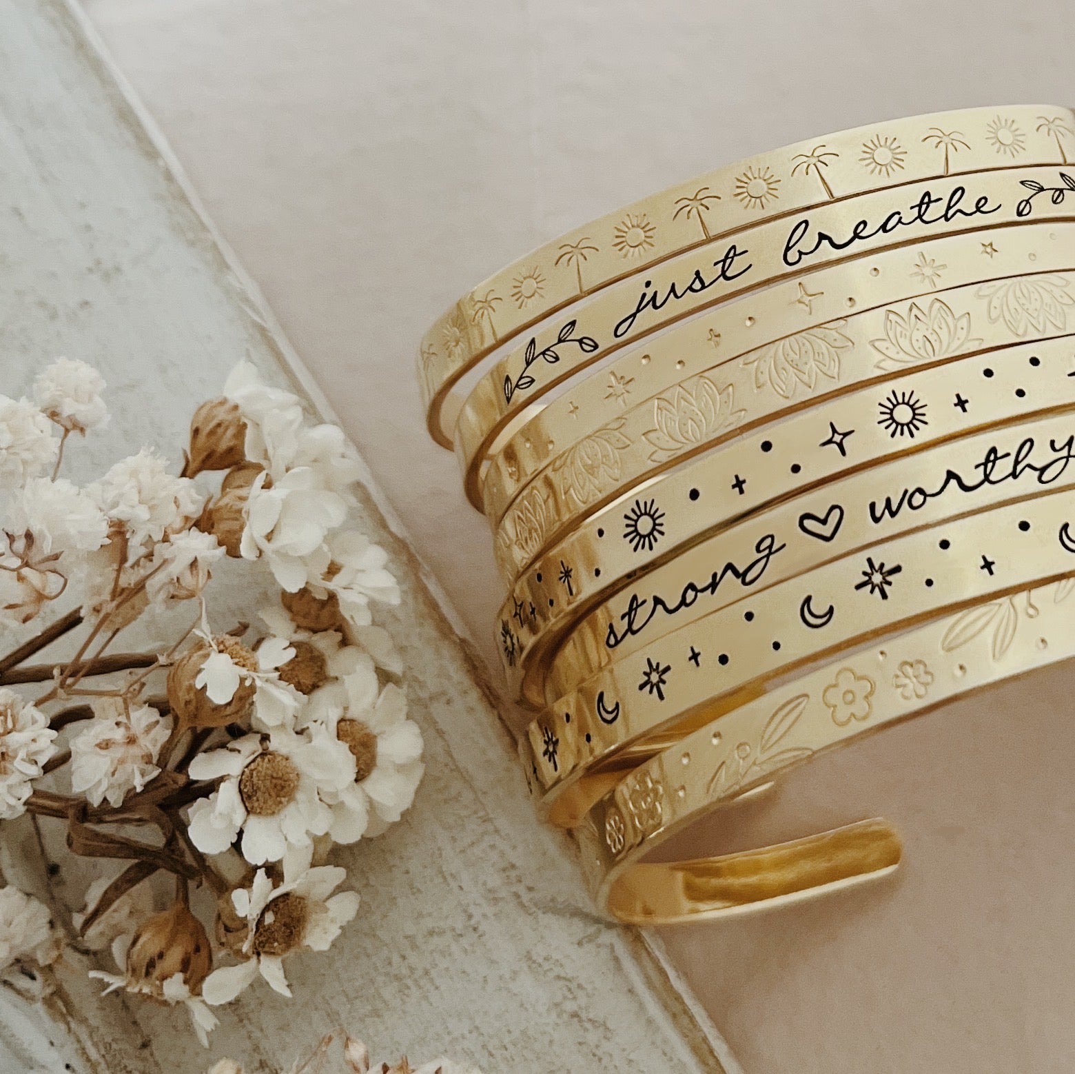 Empowering Mantras Adjustable Brass Cuff Bracelet