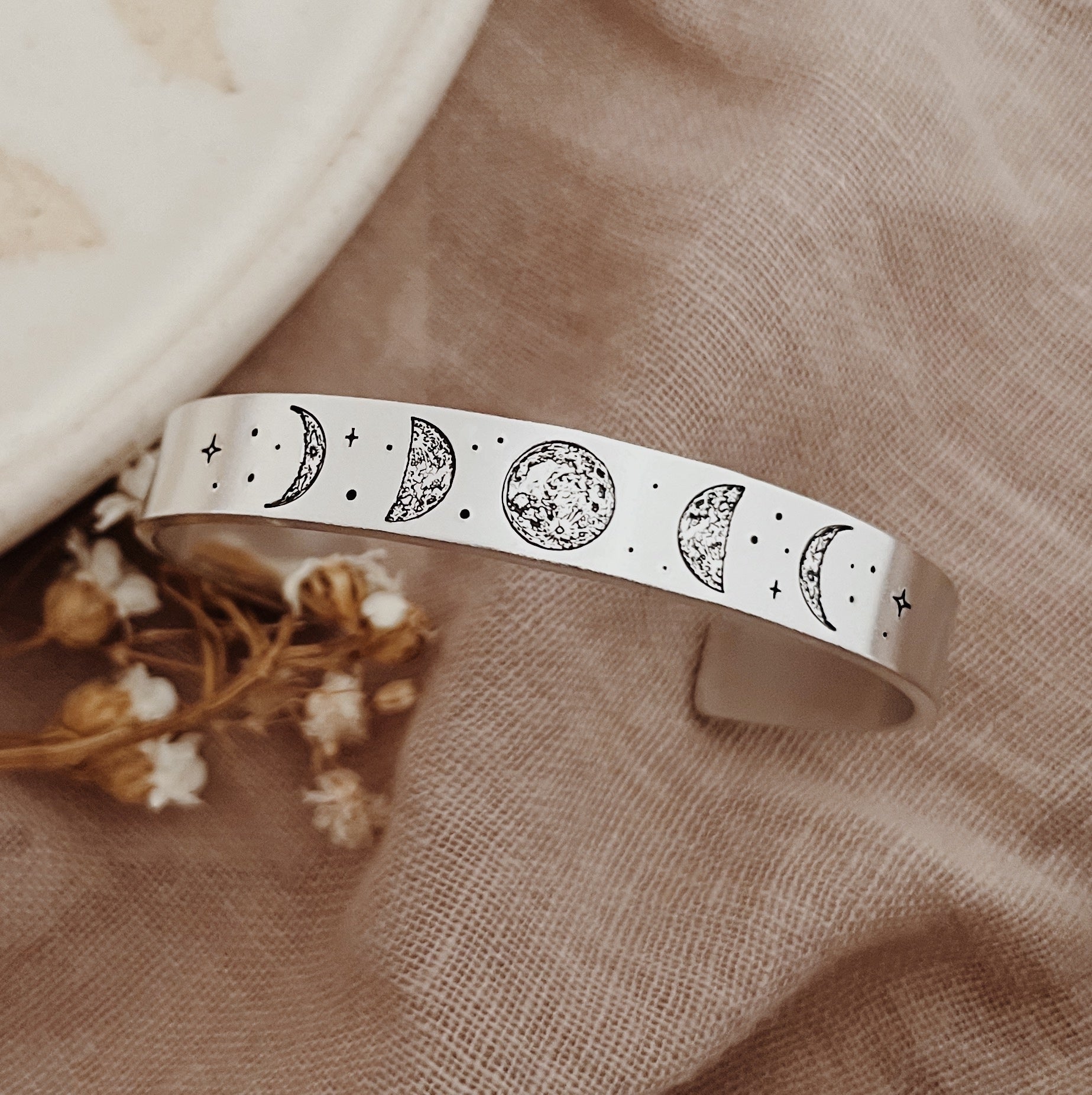 Mystical Moon and Moth Adjustable Aluminium Cuff Bracelet