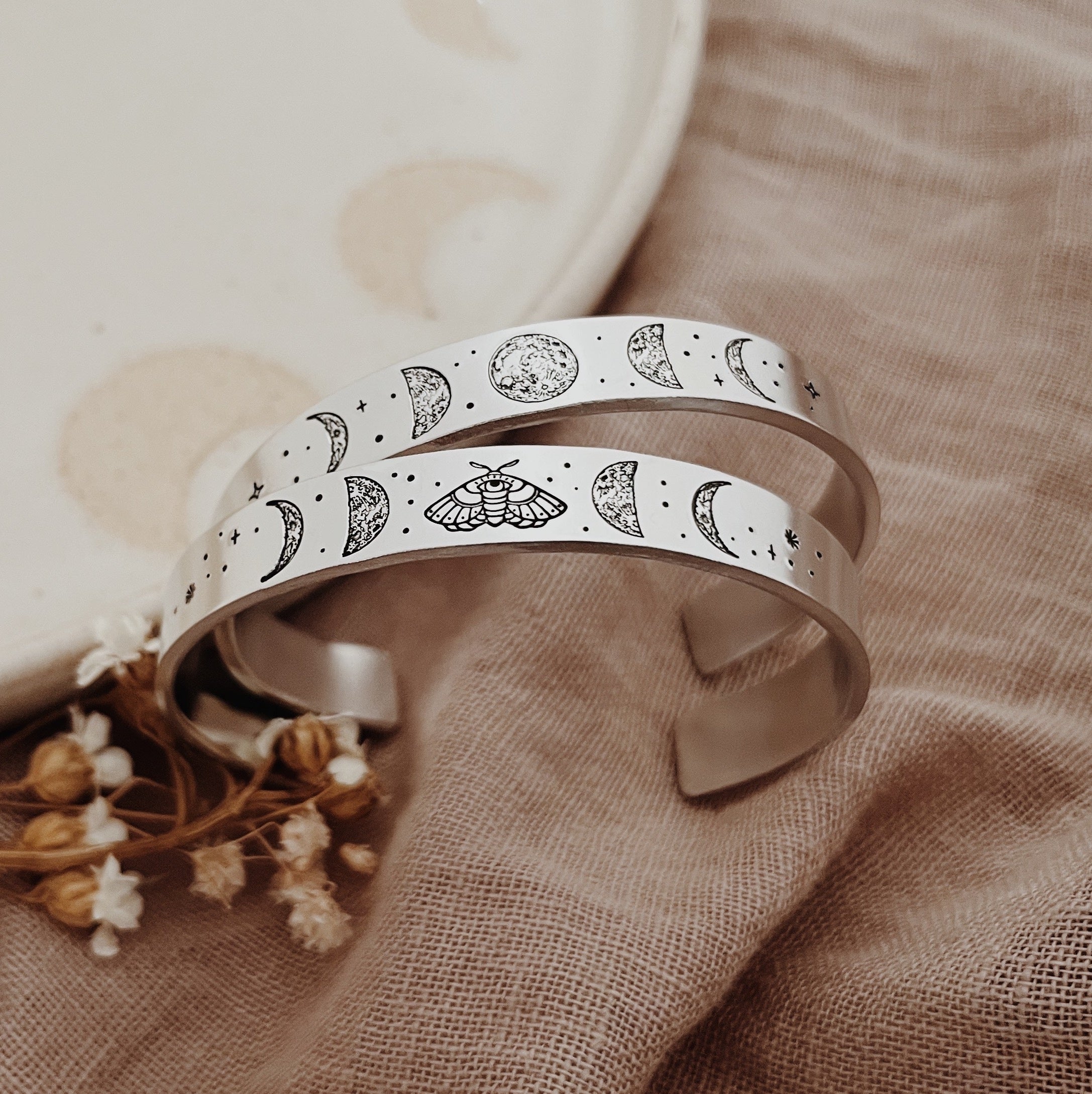 Mystical Moon and Moth Adjustable Aluminium Cuff Bracelet