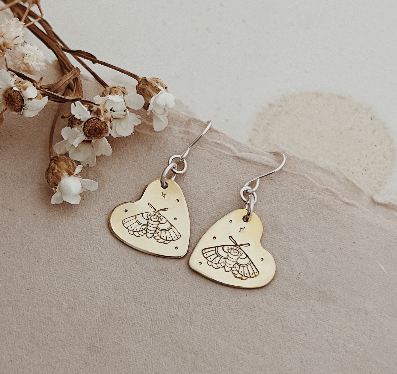 Mystical Moth Brass Heart Stamped Earrings