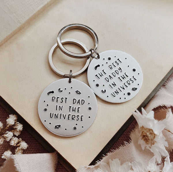 Best Dad/Grandad In The Universe, Personalised Hand Stamped Aluminium Circle Keyring